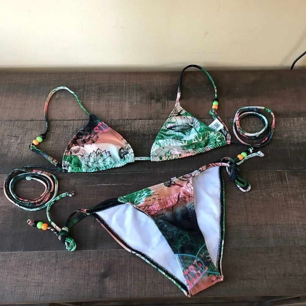 Reclaimed Vintage triangle bikini set in ombre tattoo print